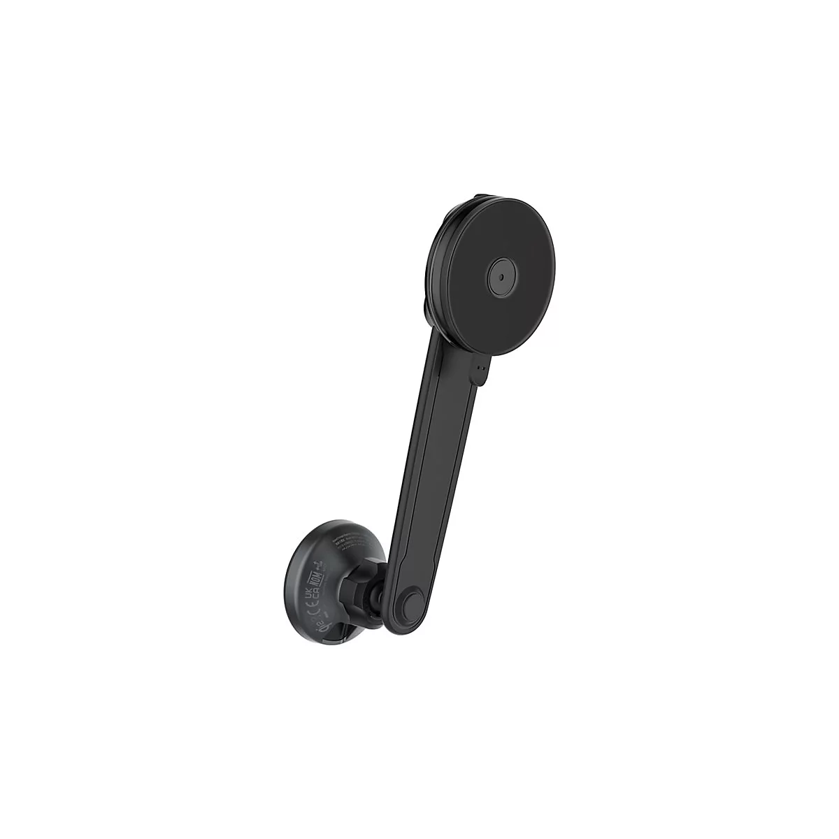 Support de smartphone noir composé d'une ventouse, d'un bras et d'un support rond.