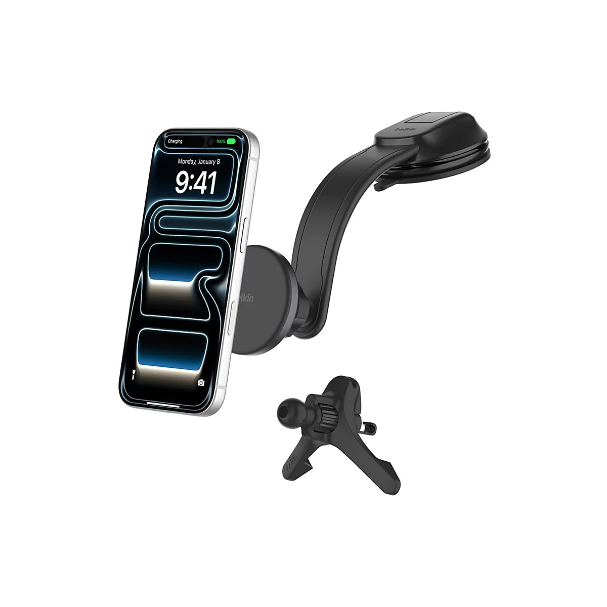 Support de smartphone avec smartphone et fixation à ventouse, le téléphone affiche l'heure 9h41.