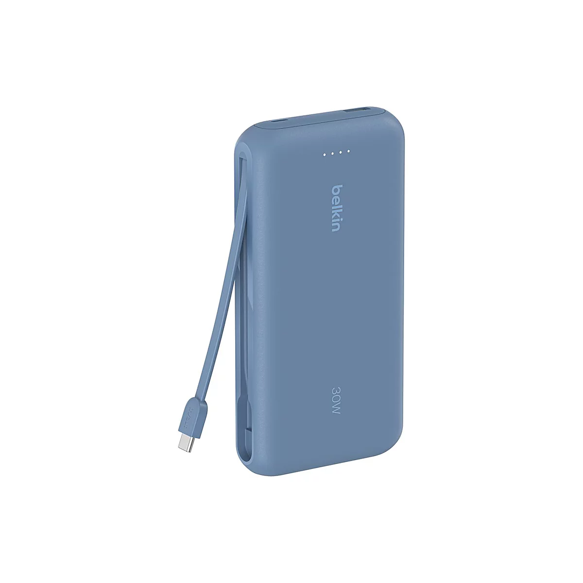 Batterie externe Belkin bleue avec câble USB-C. Haut : logo, en dessous : 30 W.