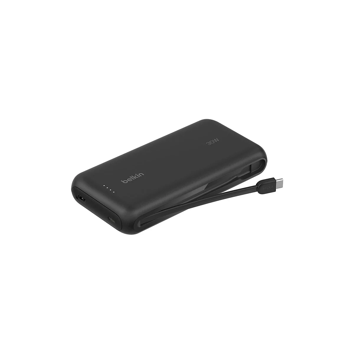 Batterie externe noire avec impression 30W et logo Belkin. Avec câble rétractable et port USB-C.
