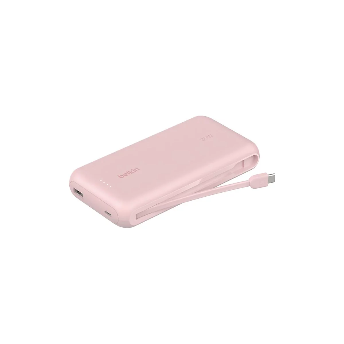 Batterie externe Belkin rose clair avec 30W, câble intégré et ports USB.