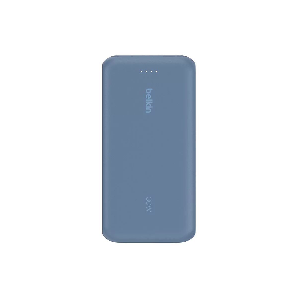Batterie externe Belkin bleue avec quatre points, logo de l'entreprise et inscription 30W.