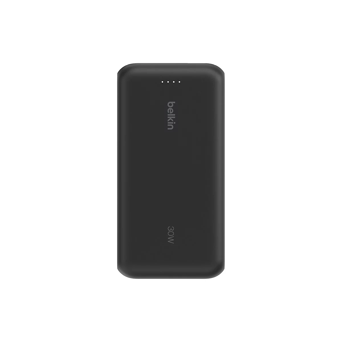 Batterie externe noire avec logo Belkin et impression 30W, quatre petits points en haut.