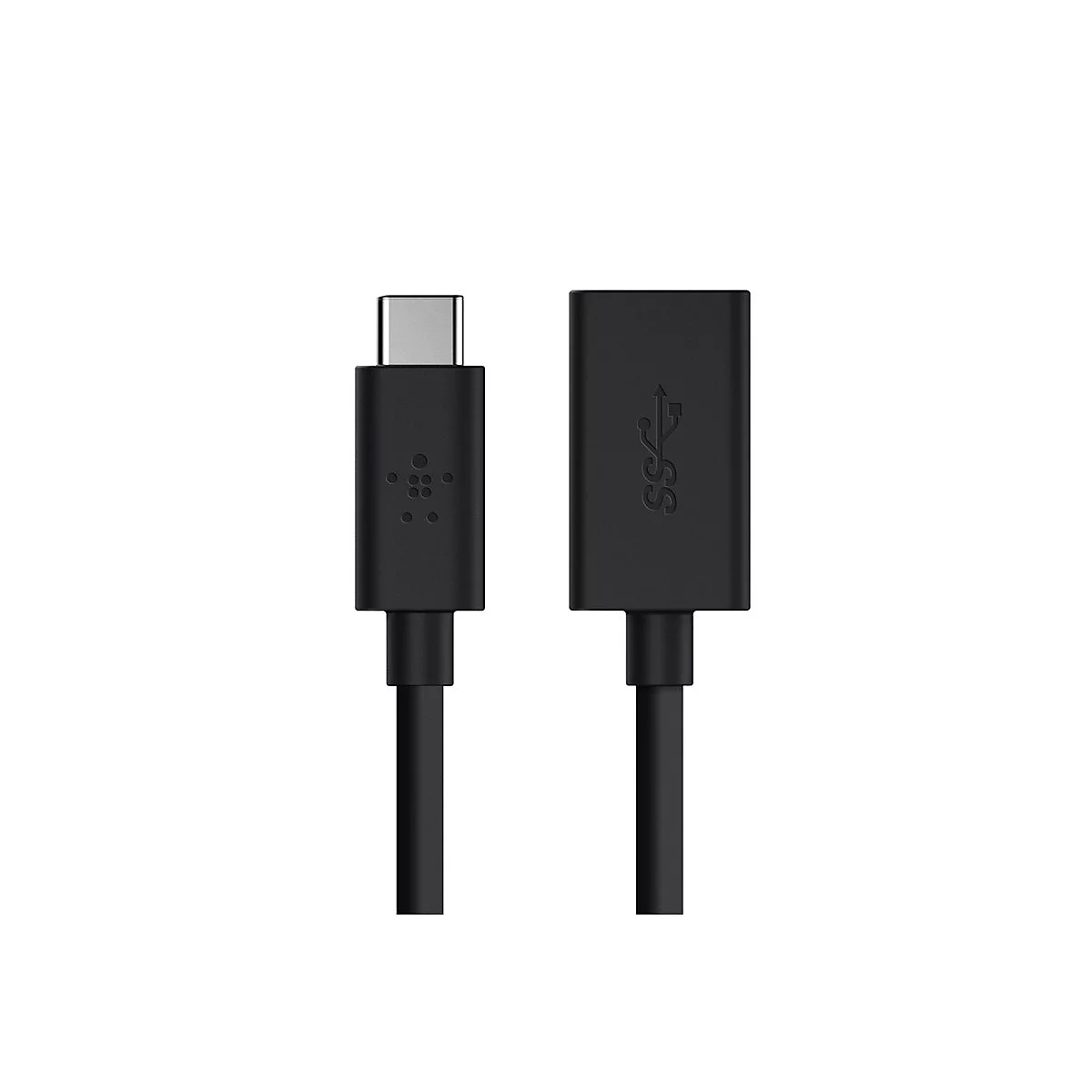 Ein schwarzes USB-C-Kabel mit Anschluss und Stecker auf weißem Hintergrund.
