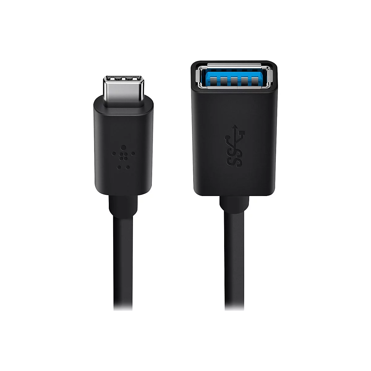 Schwarzes USB-Kabel mit USB-C- und USB-A-Anschluss. Der USB-A-Anschluss hat einen blauen Kern.