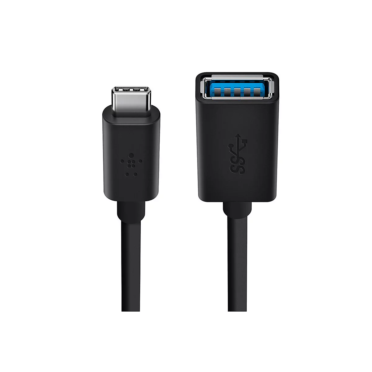 Schwarzes USB-Kabel mit USB-C- und USB-A-Anschluss. Beide Stecker sind abgebildet.