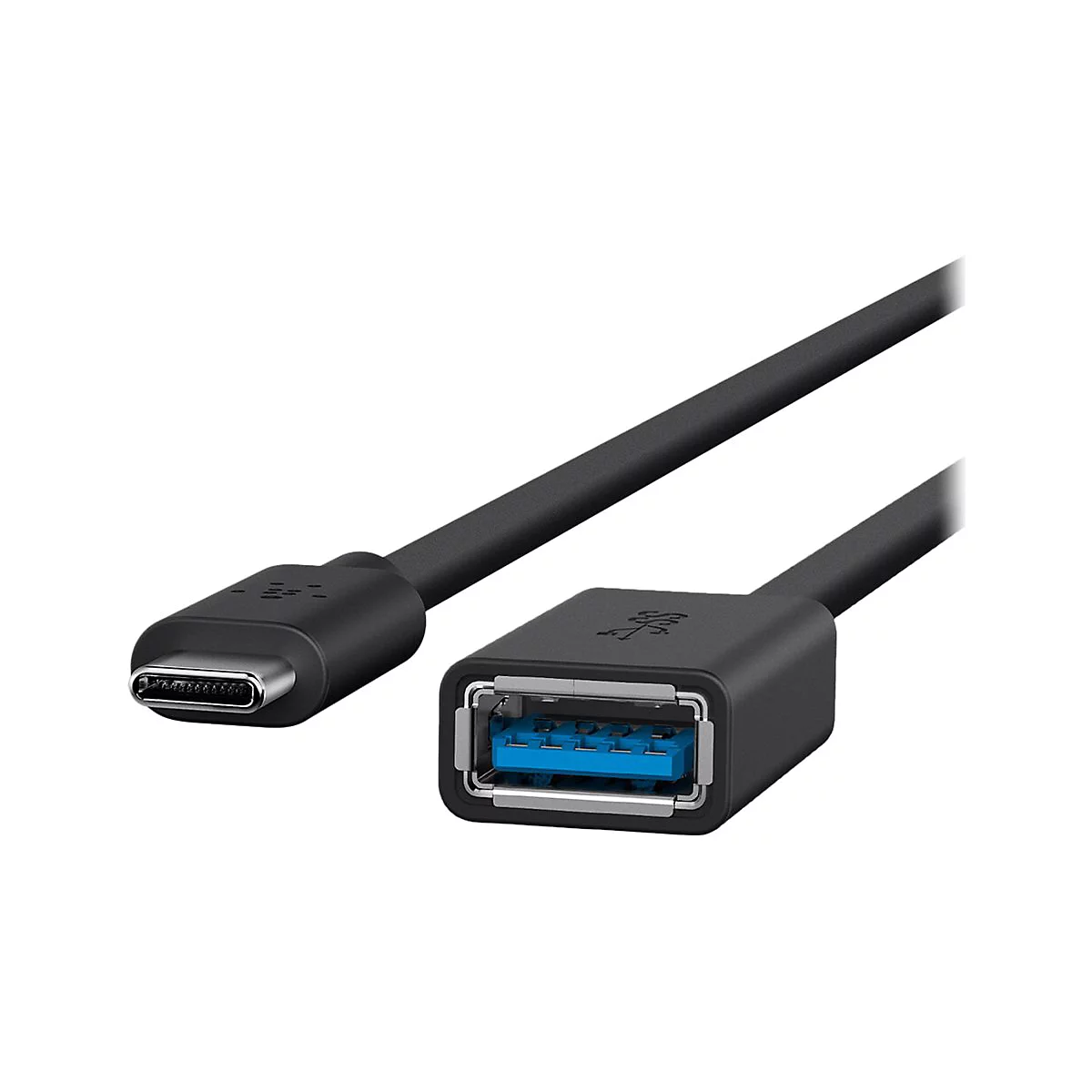 Schwarzes USB-Kabel mit USB-C- und USB-A-Anschlüssen. USB-A-Anschluss blau gefärbt.