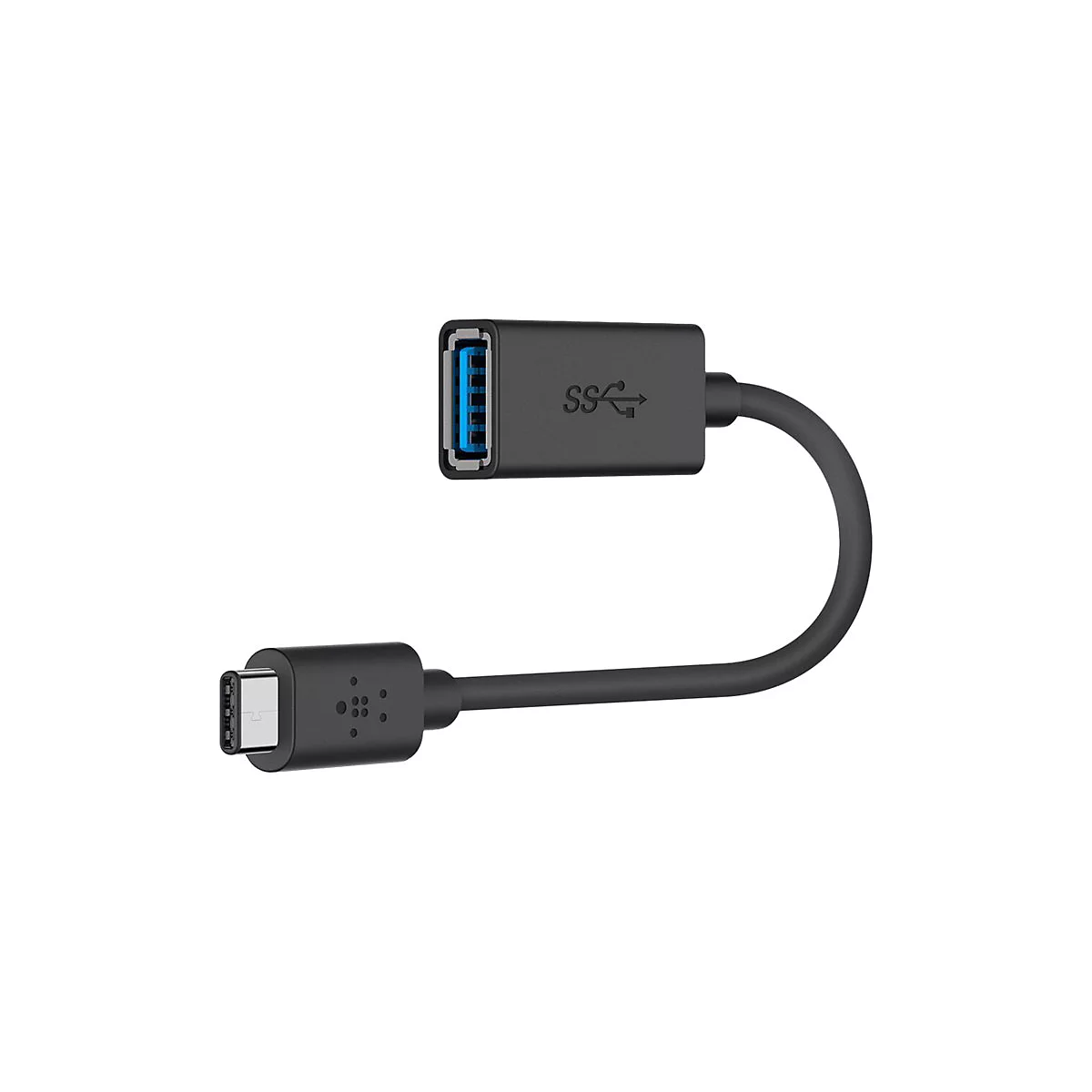 Schwarzer USB-Adapter mit USB-A- und USB-C-Anschlüssen. Der USB-A-Anschluss zeigt das USB-3.0-Logo. Der Adapter ist auf weißem Grund abgebildet.