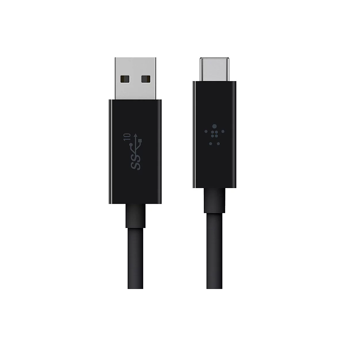 Schwarzes USB-Kabel mit USB-A- und USB-C-Steckern auf weißem Hintergrund.