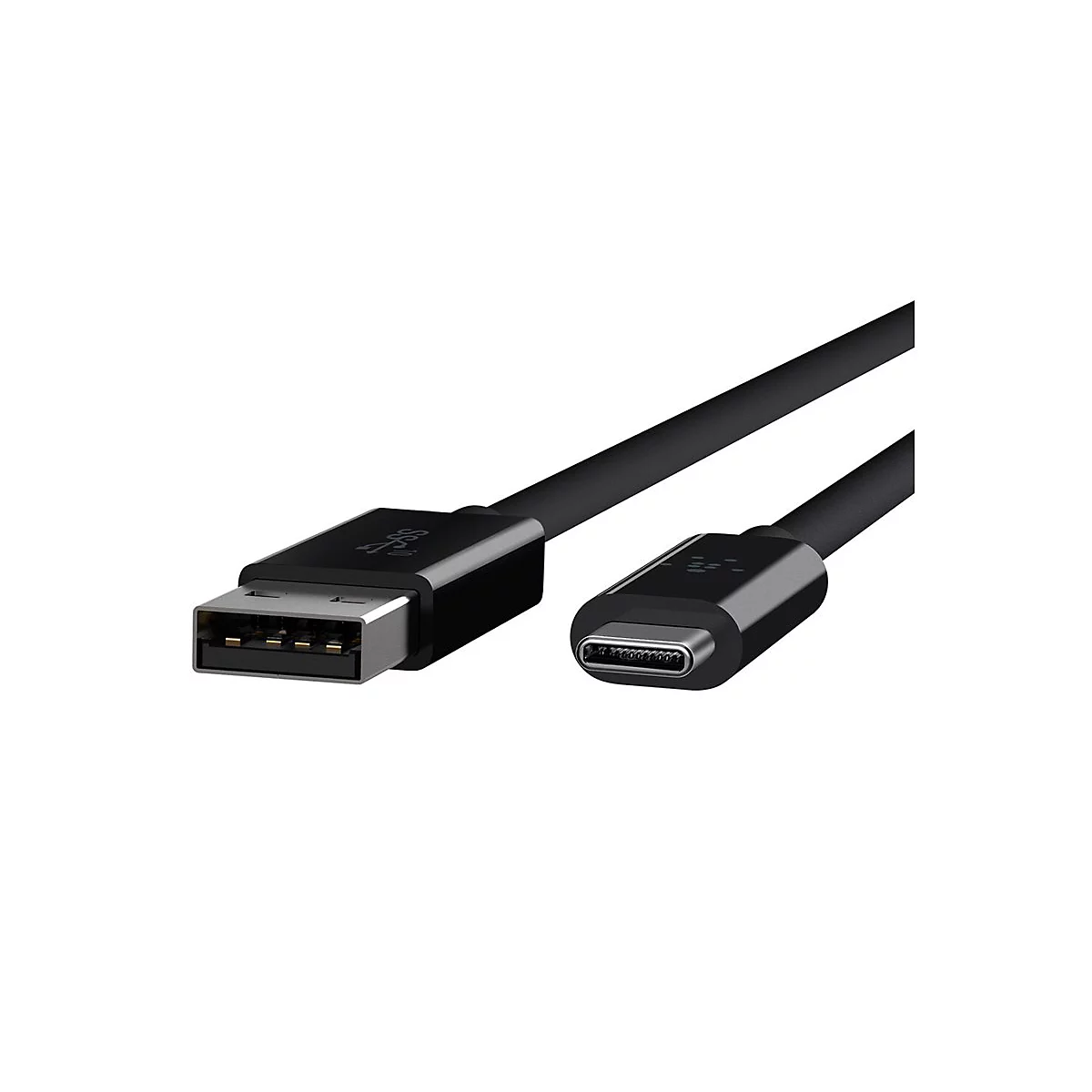 Ein schwarzes USB-C-Kabel. Auf der einen Seite befindet sich ein USB-A-Anschluss, auf der anderen ein USB-C-Anschluss.