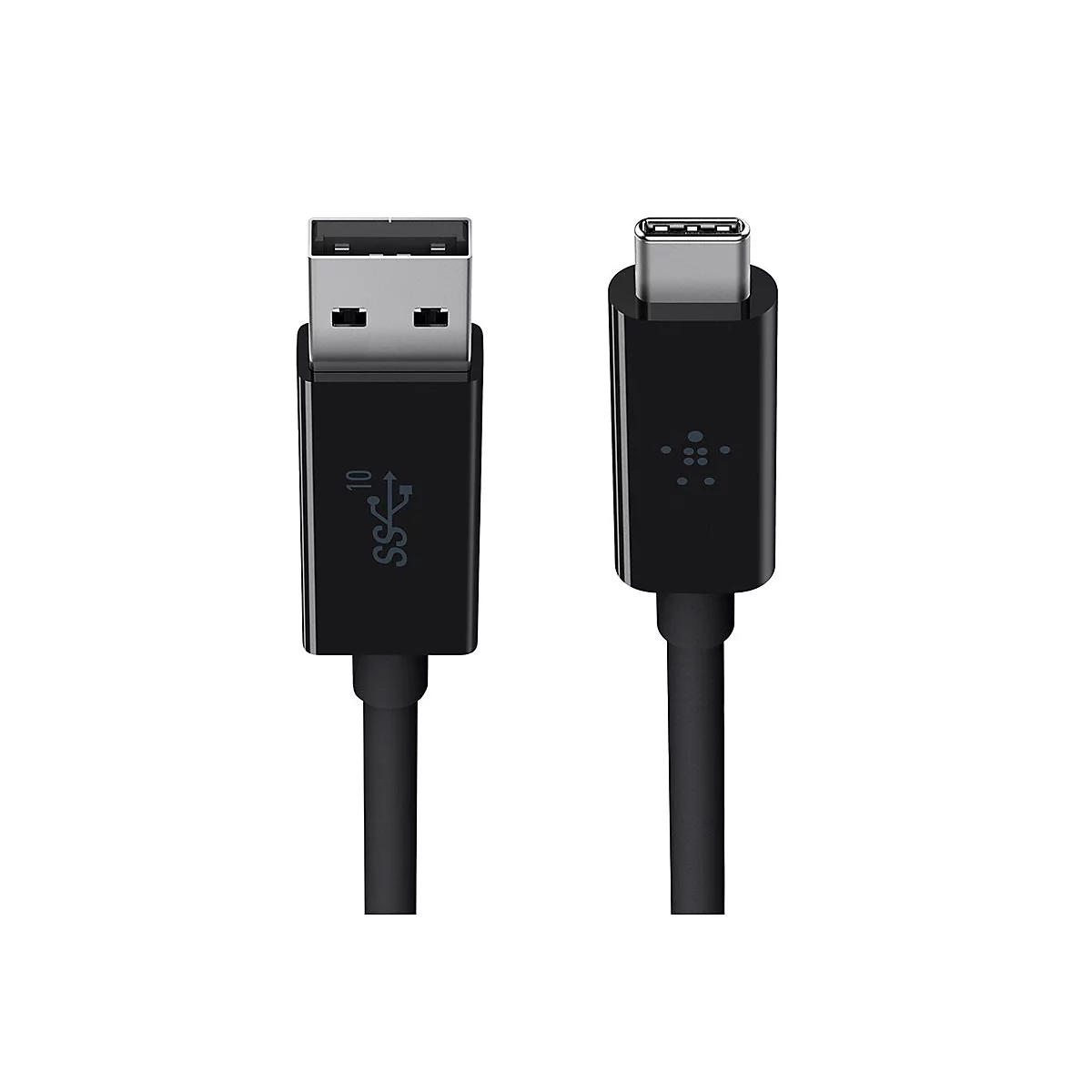 Schwarzes USB-Kabel mit USB-A- und USB-C-Steckern auf weißem Hintergrund.