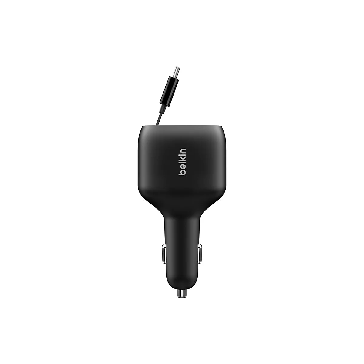 Chargeur de voiture Belkin noir avec câble USB-C. Inscription : Belkin.