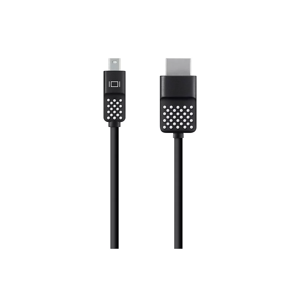 Schwarzes Kabel mit zwei Enden. Links: Mini-DisplayPort, rechts: USB-C.