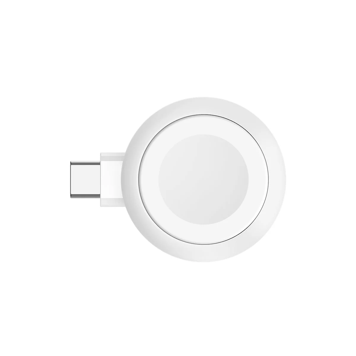 Vue de dessus d'un chargeur blanc et rond avec connecteur USB-C.