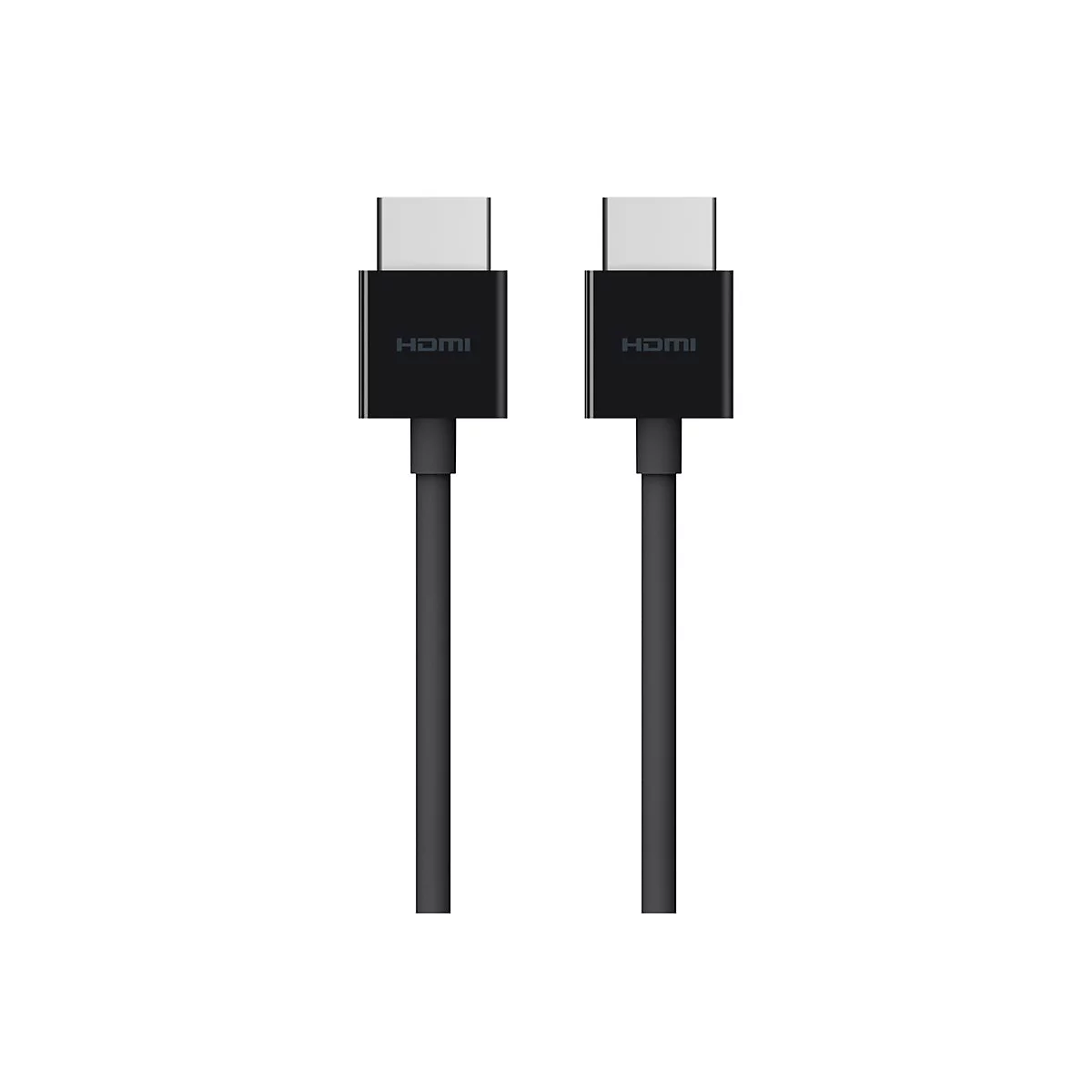 Deux câbles HDMI noirs avec des connecteurs gris, sur fond blanc. L'étiquette HDMI est visible sur les connecteurs.