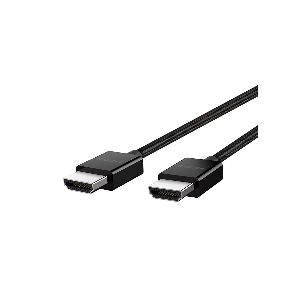 Câble HDMI noir avec connecteurs métalliques, le connecteur avec l'inscription HDMI.