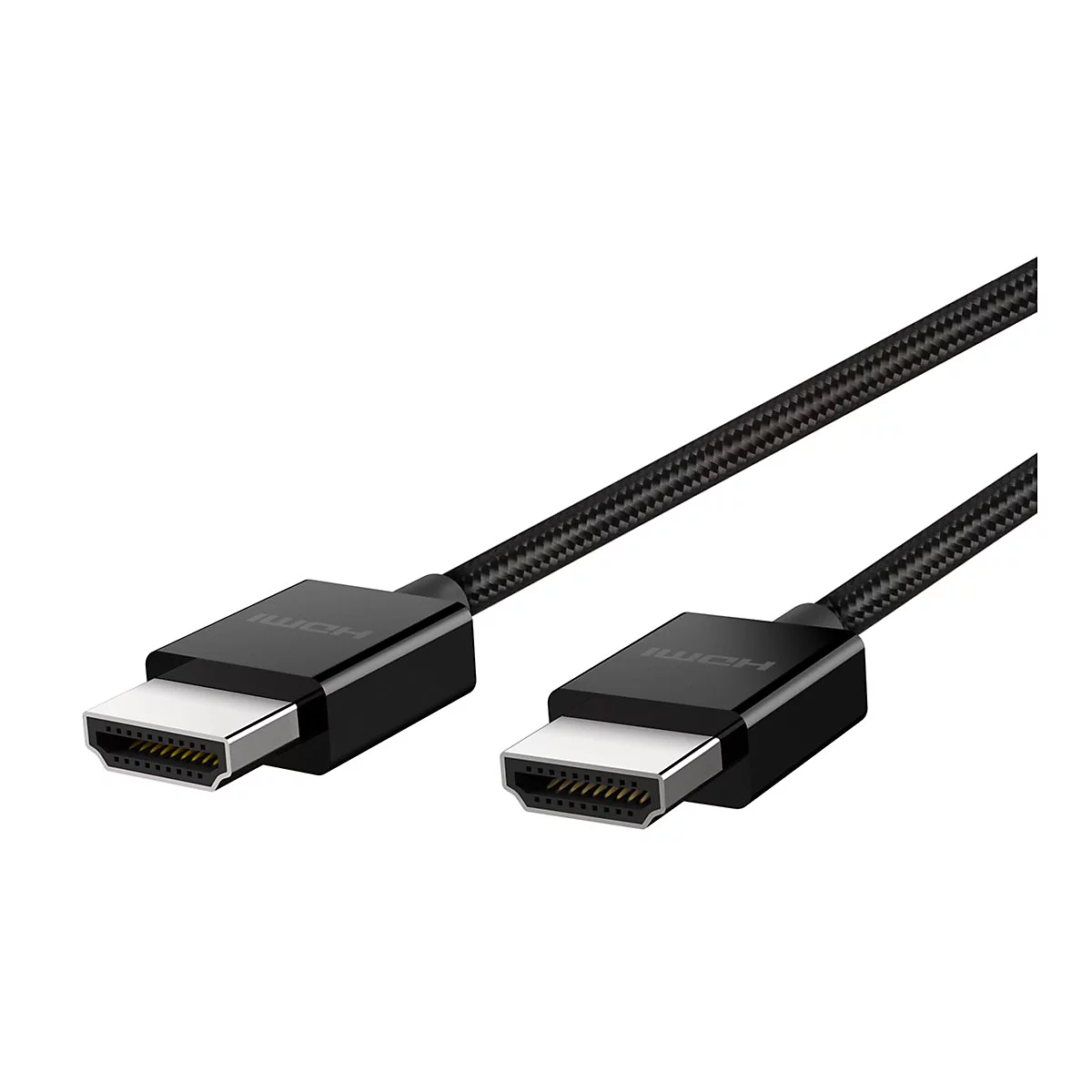 Deux câbles HDMI noirs avec des fiches grises, sur fond blanc.