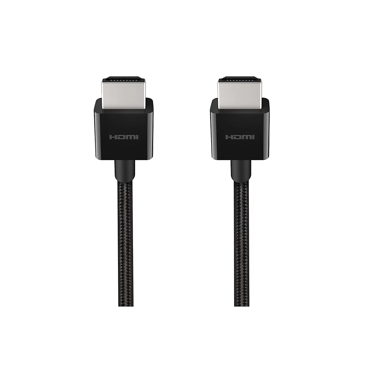 Deux câbles HDMI avec connecteurs noirs et câbles tressés, logo HDMI.