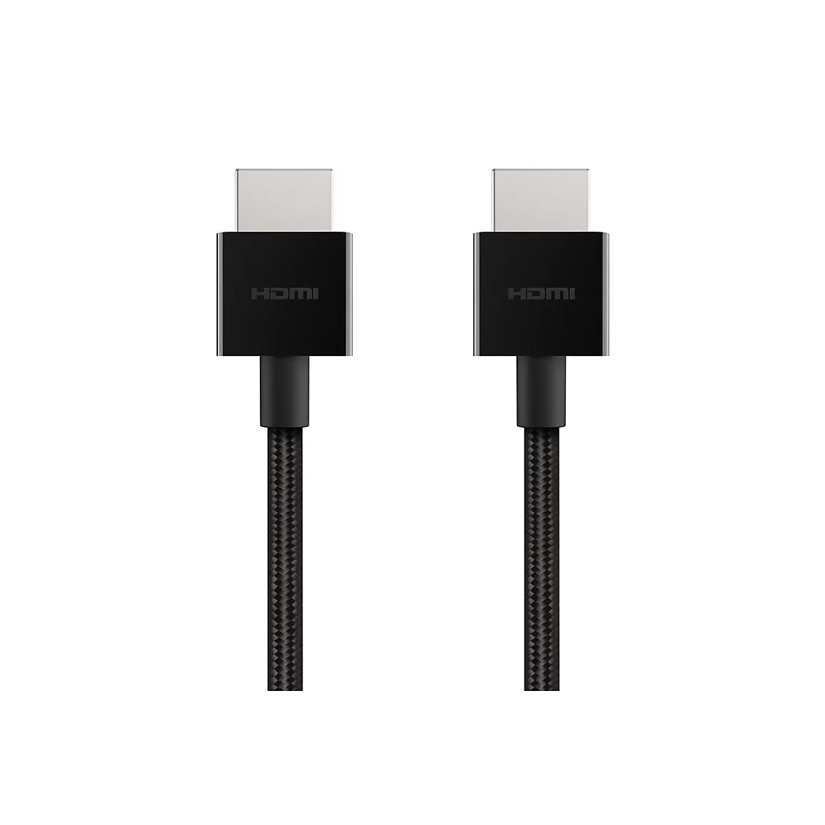Deux câbles HDMI noirs avec des fiches pointant vers le haut. Les fiches indiquent « HDMI ».