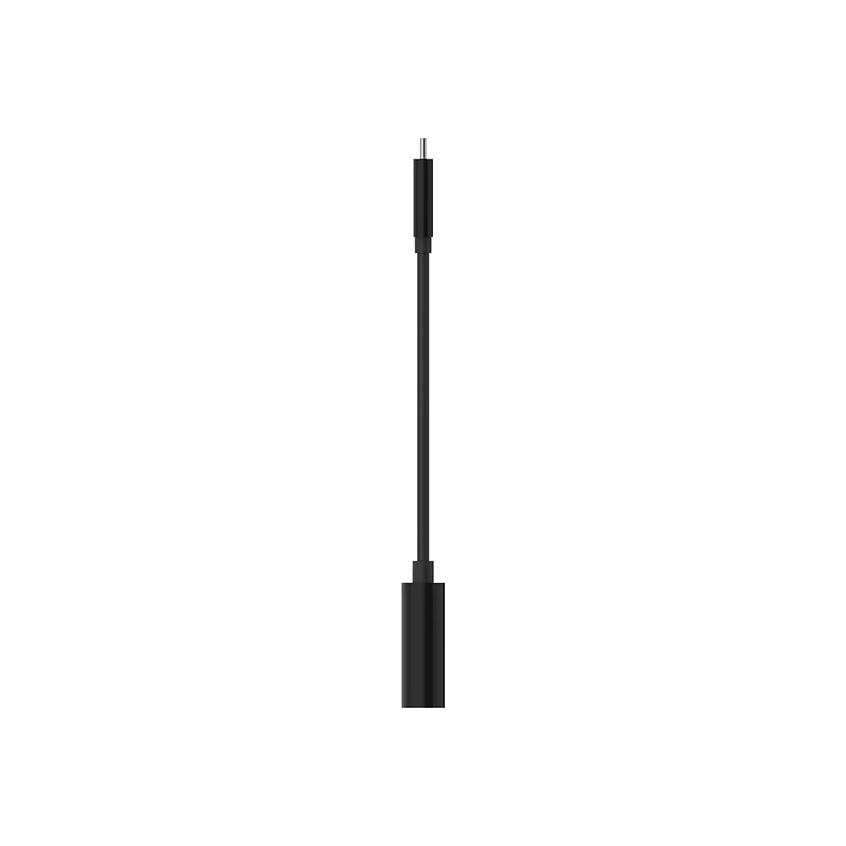 Un câble USB-C noir avec une prise métallique sur fond blanc.