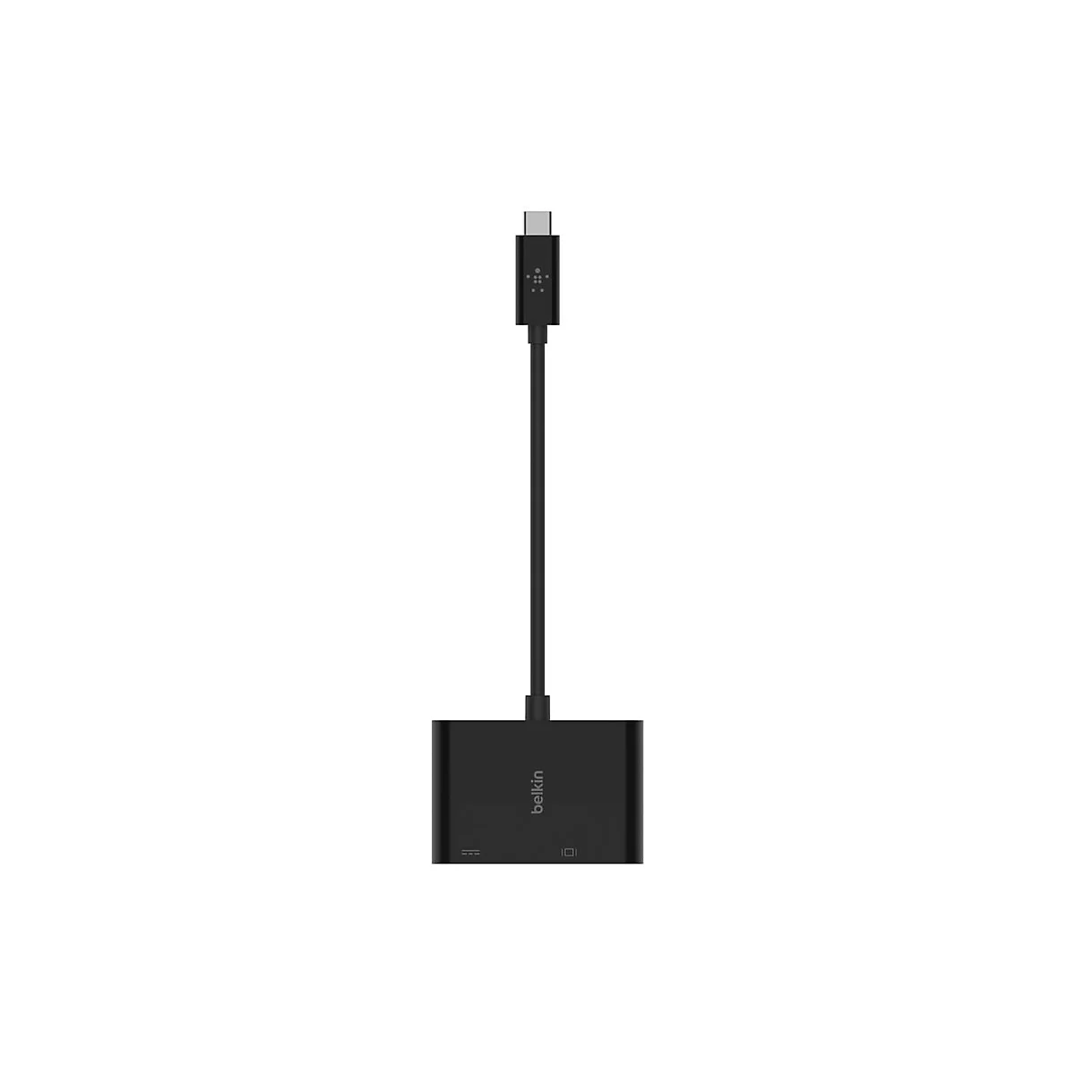 Un adaptateur USB-C noir de Belkin avec un câble. En bas se trouve un connecteur rectangulaire, en haut le connecteur USB-C.