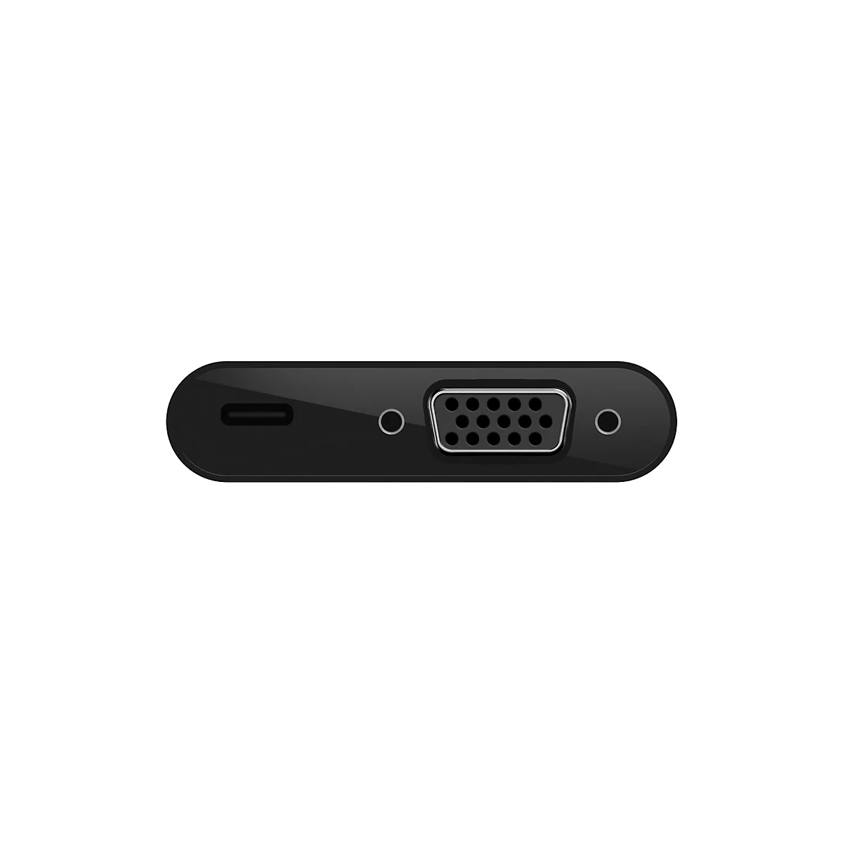 Gros plan d'un appareil noir avec des ports, dont USB-C, VGA et connecteur jack.