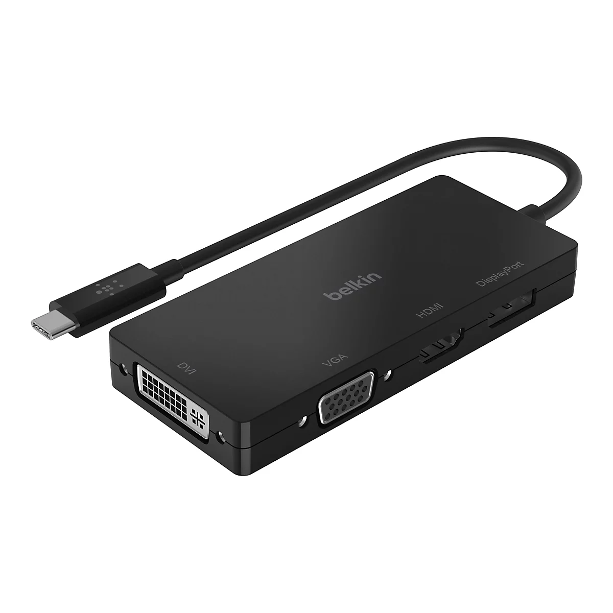 Adaptateur USB-C Belkin noir. Connecteurs : DVI, VGA, HDMI, DisplayPort. Connecté via un câble noir.