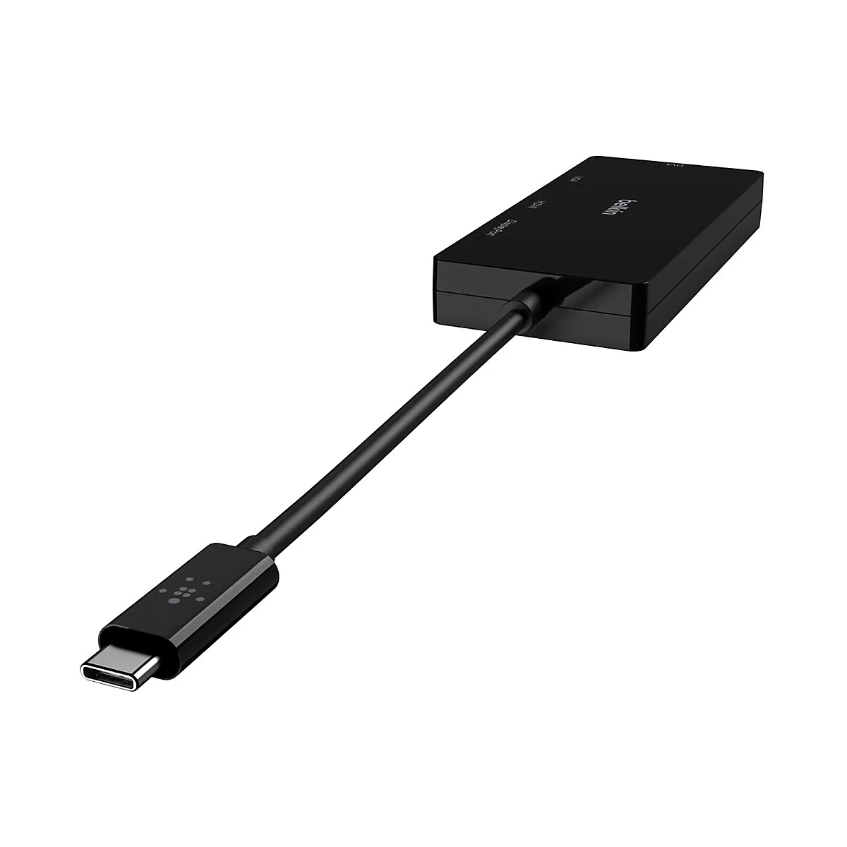 Adaptateur USB-C Belkin noir. Une extrémité comporte un connecteur USB-C, l'autre un convertisseur avec des ports HDMI, VGA et DisplayPort.