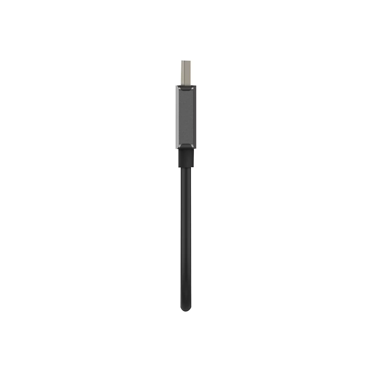 Un câble USB-C noir sur fond blanc. Le connecteur est argenté.