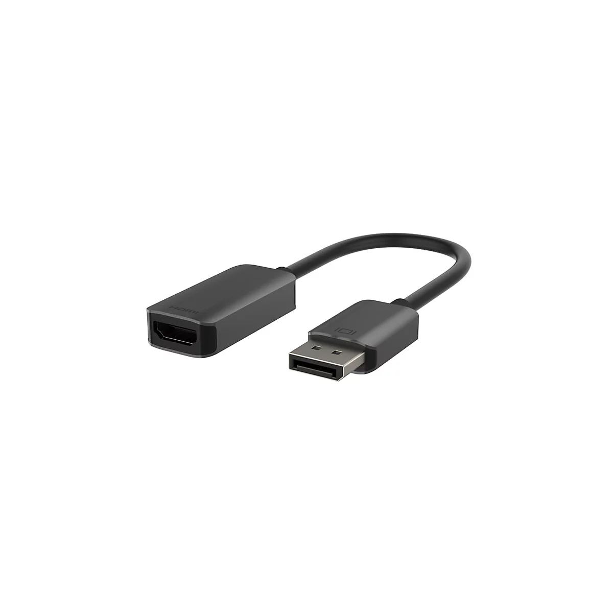 Un câble HDMI vers USB noir posé sur un fond blanc.