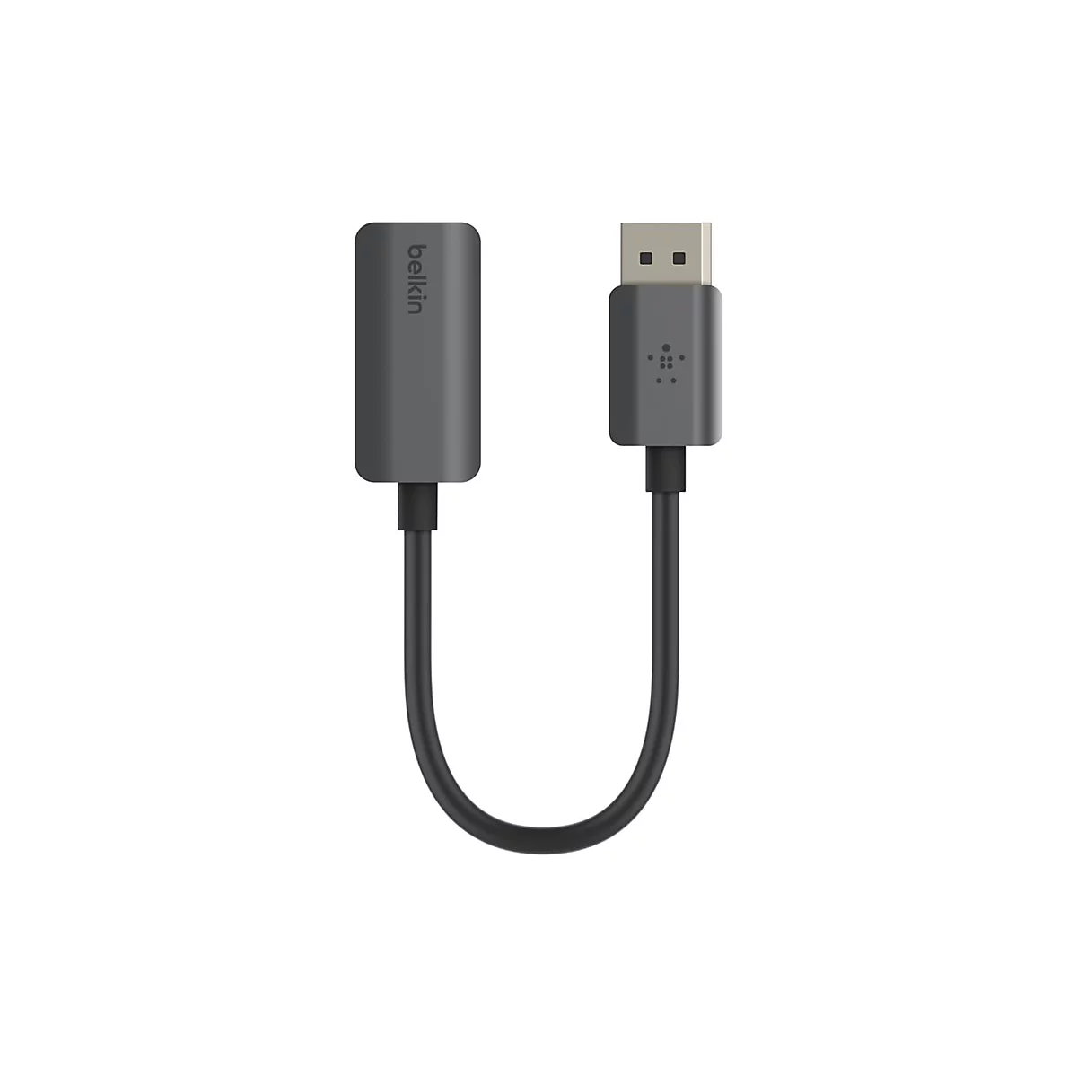 Adaptateur USB Belkin gris avec connecteur USB-A et DisplayPort et câble noir sur fond blanc.
