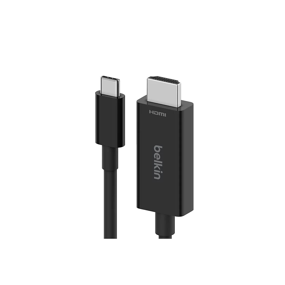 Câble HDMI noir avec connecteur USB-C. La marque Belkin est affichée sur la fiche HDMI.
