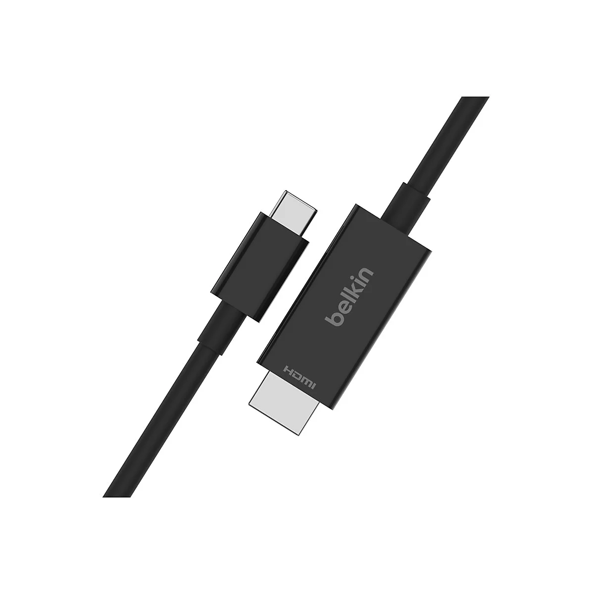 Câble HDMI Belkin noir avec connecteur USB-C. Le connecteur porte l'inscription 'belkin' et 'HDMI'.
