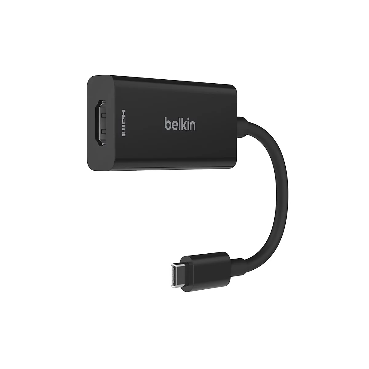 Adaptateur HDMI Belkin noir avec connecteur USB-C. Port HDMI d'un côté, logo Belkin et connecteur USB-C.