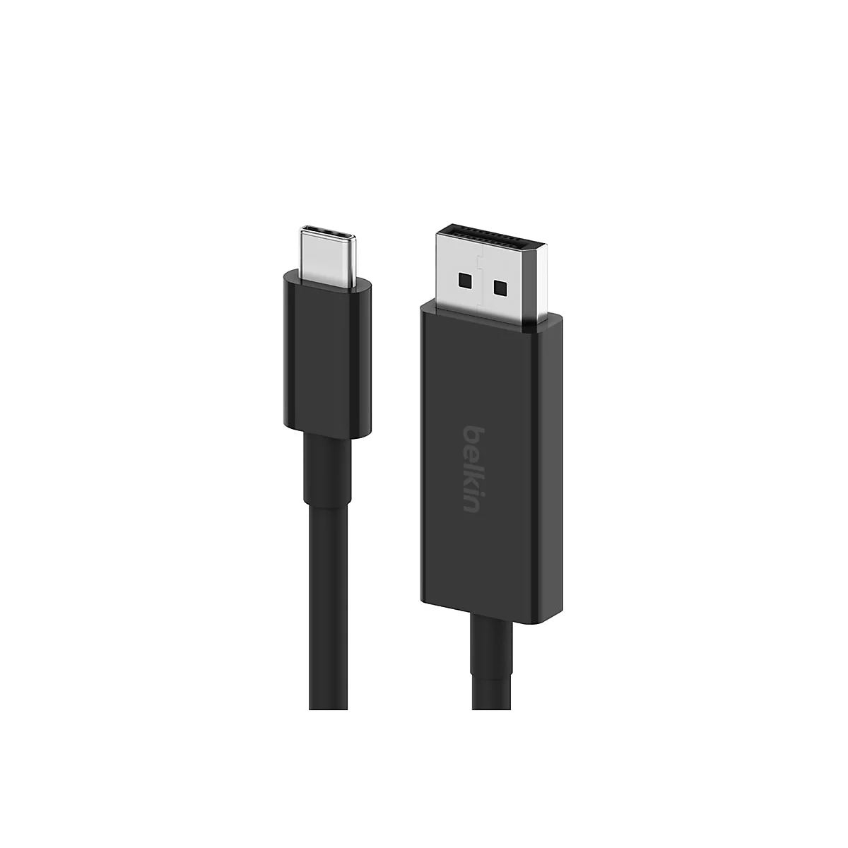 Câble Belkin noir, connecteur USB-C à gauche, connecteur DisplayPort à droite. Câble sur fond blanc.