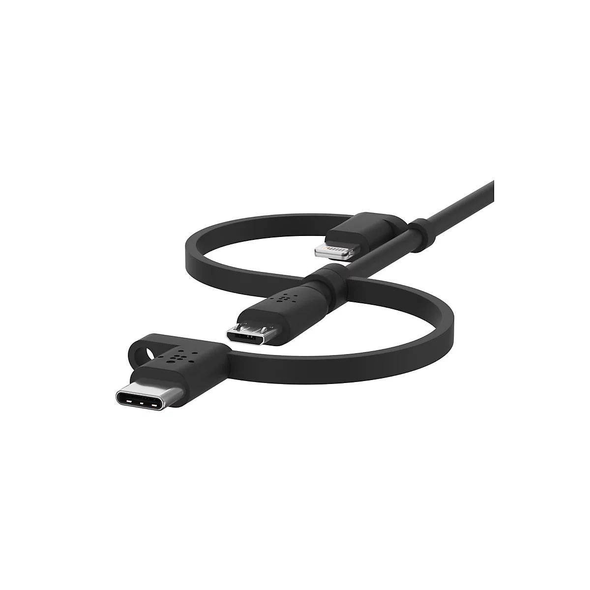 Câble de chargement noir avec plusieurs connecteurs pour différents appareils. Il est disposé en forme de huit.