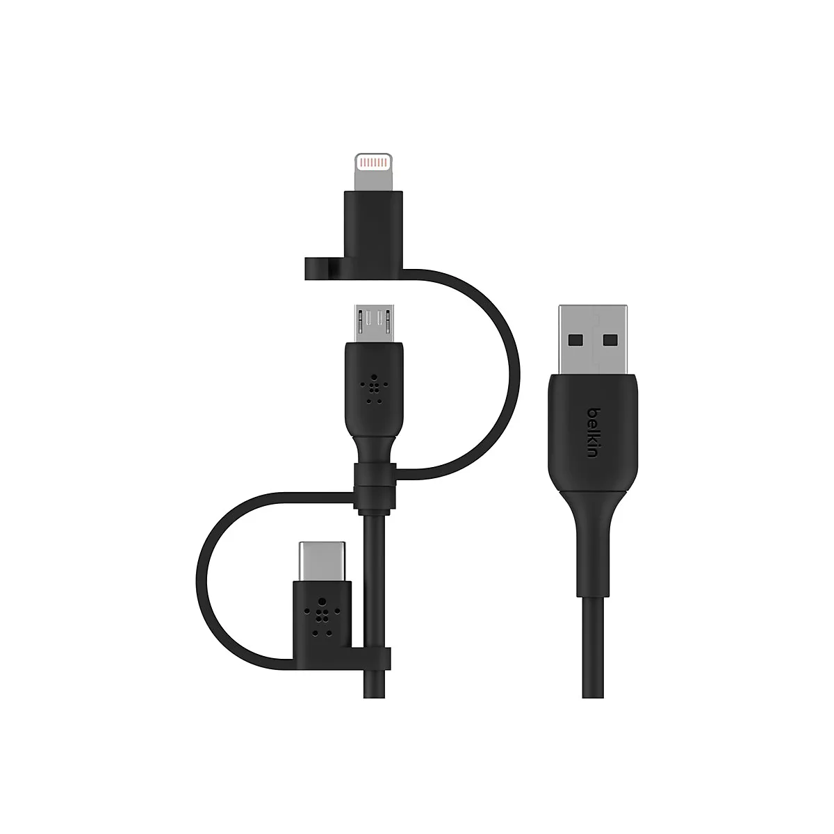 Câble de chargement noir avec quatre connecteurs: Lightning, Micro-USB, USB-C et USB-A; Logo Belkin.