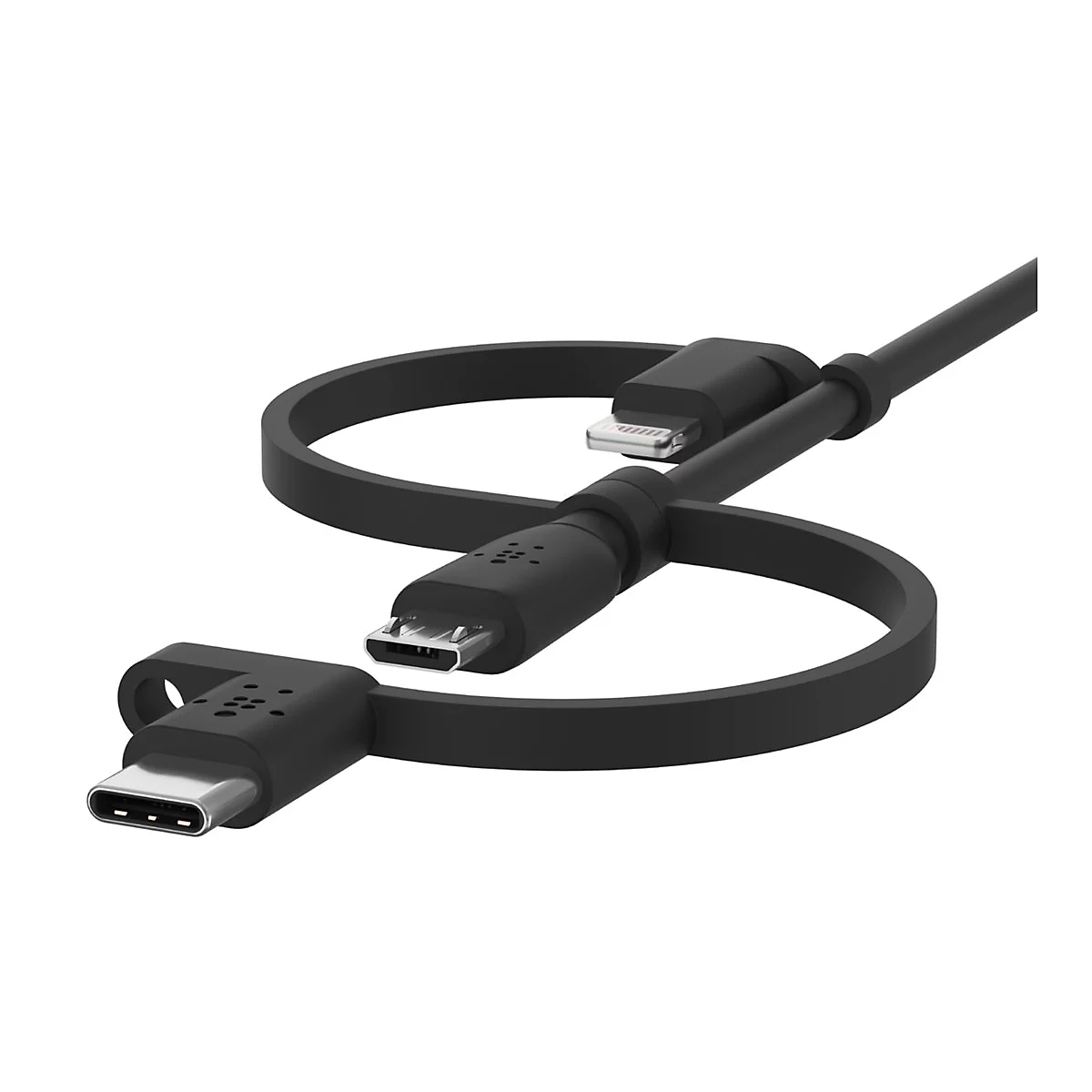 Câble de chargement noir avec plusieurs connecteurs, dont USB-C, Micro-USB et Lightning.