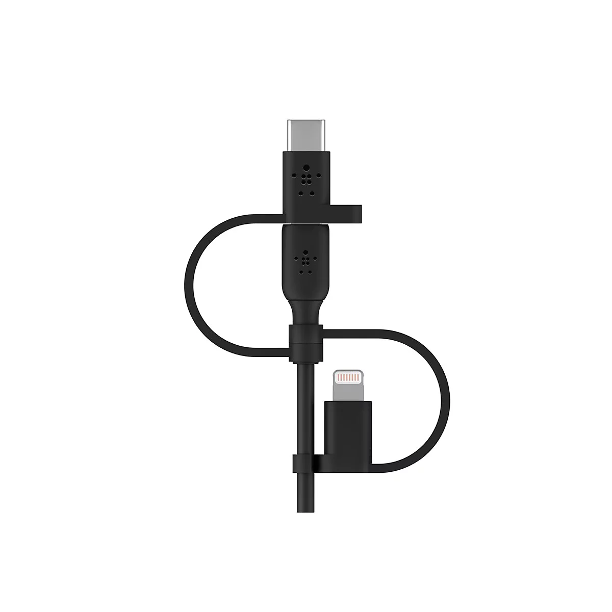 Câble de chargement noir avec connecteurs USB-C et Lightning, sur fond blanc.