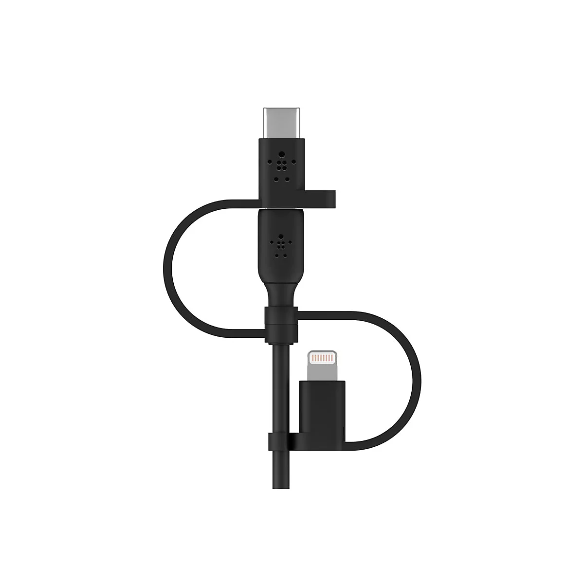 Câble de chargement noir avec connecteur USB-C et Lightning.