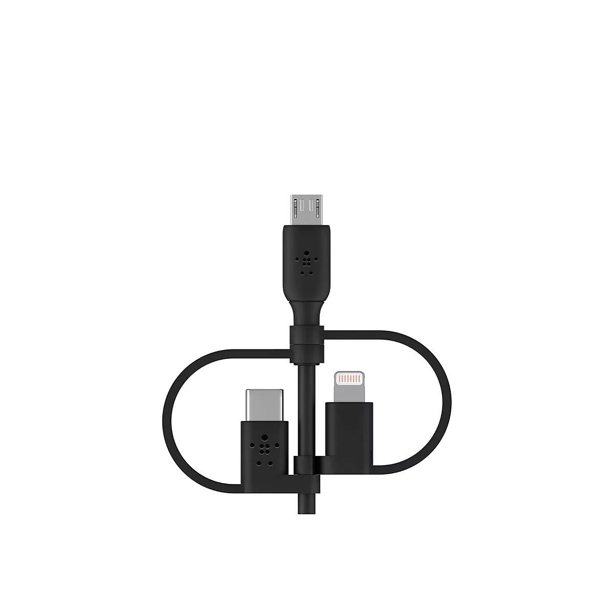 Câble de chargement noir avec connecteurs USB-A, USB-C et Lightning. Câble pour divers appareils.
