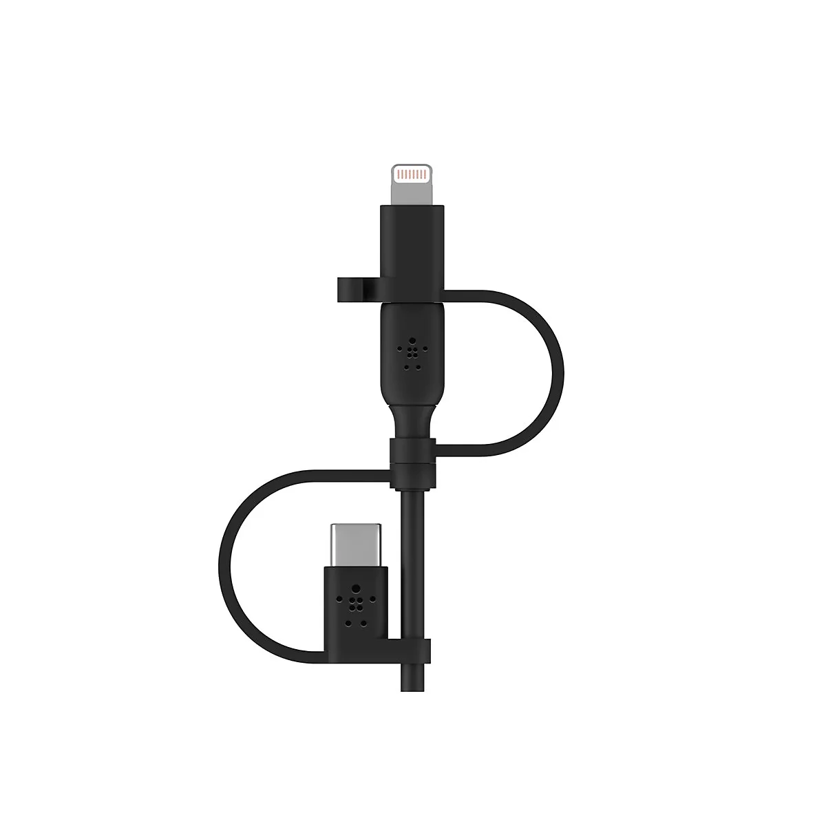 Câble de chargement noir avec connecteurs Lightning et USB-C.