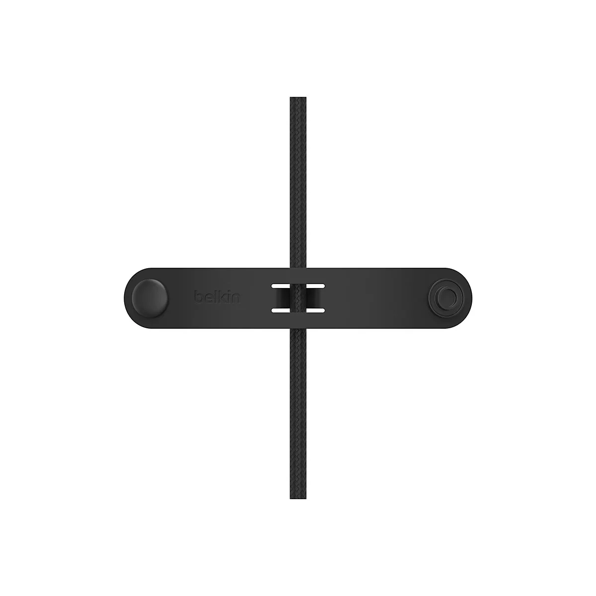 Organisateur de câbles Belkin noir avec logo, tenant un câble noir.