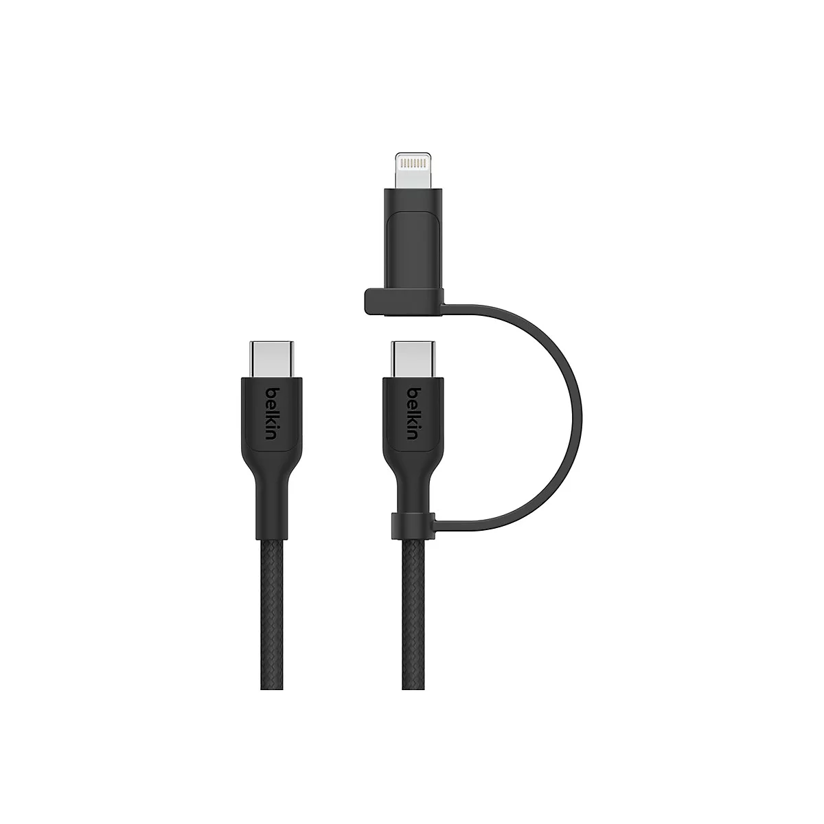 Câble de chargement Belkin noir avec connecteurs Lightning et USB-C.