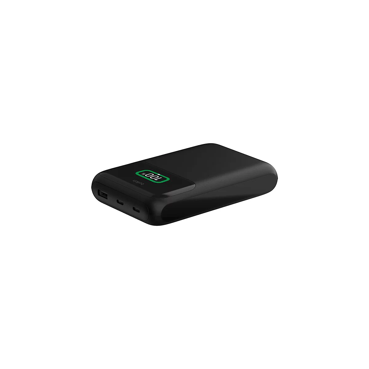 Batterie externe noire avec un écran vert indiquant 100% de charge. Logo Belkin.
