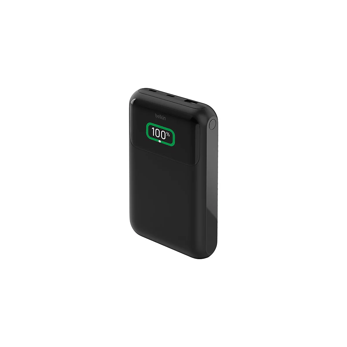Batterie externe noire avec un écran vert affichant 100%, de Belkin.