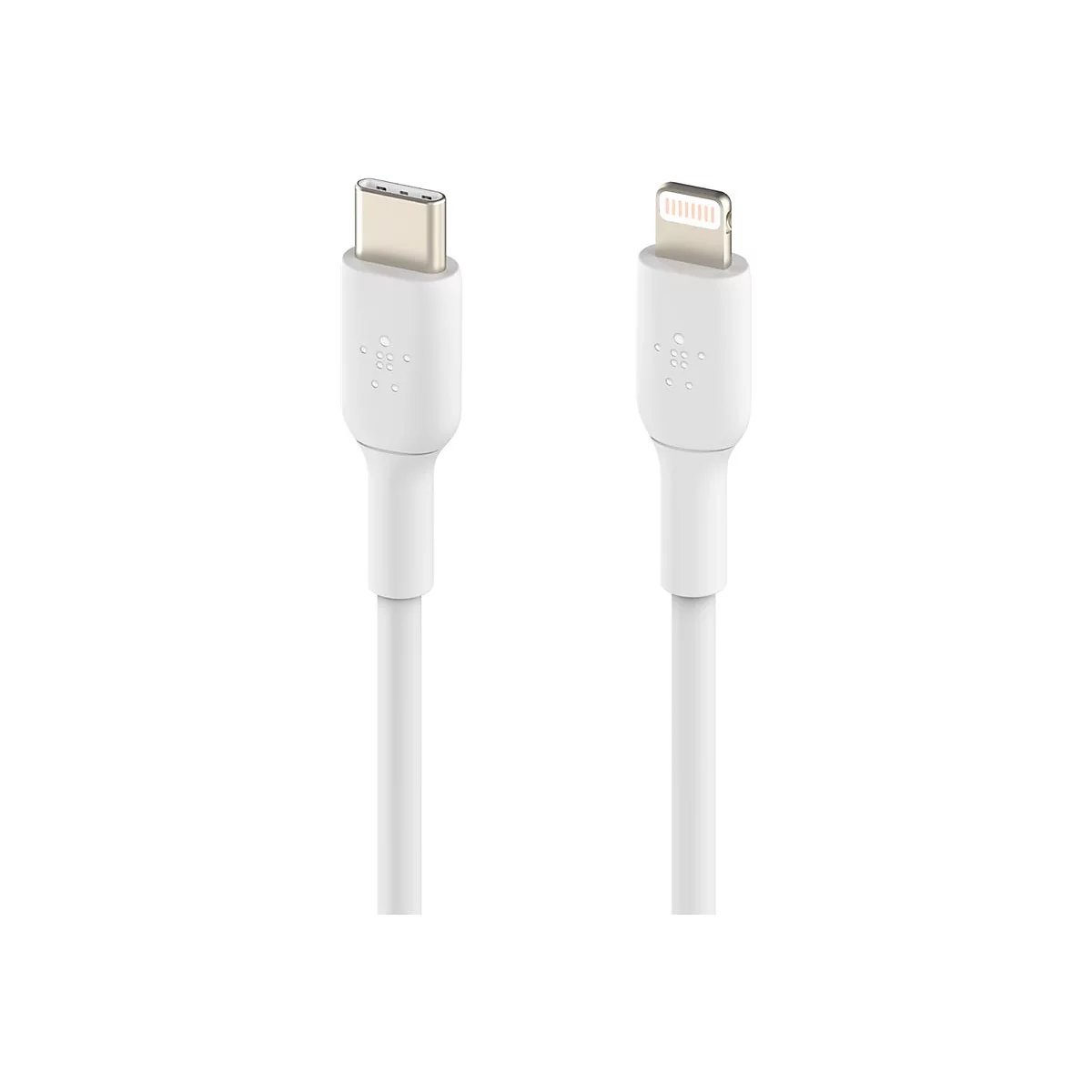 Zwei weiße Ladekabel: USB-C und Lightning, Belkin-Logo.