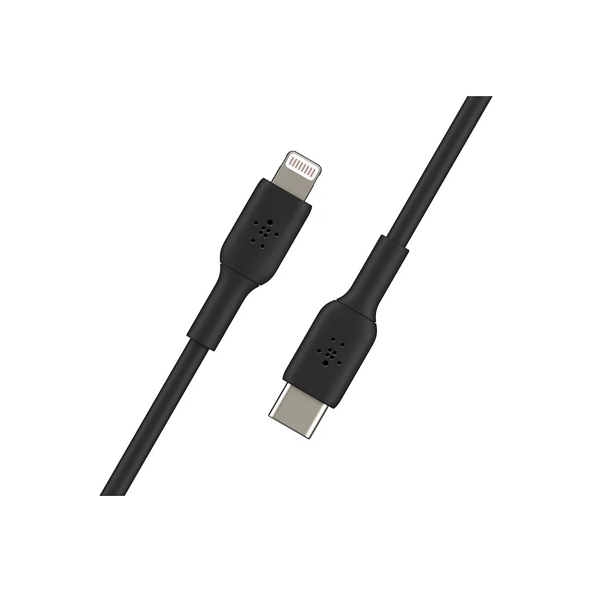 Schwarzes Ladekabel mit Lightning- und USB-C-Anschlüssen, diagonaler Blickwinkel.
