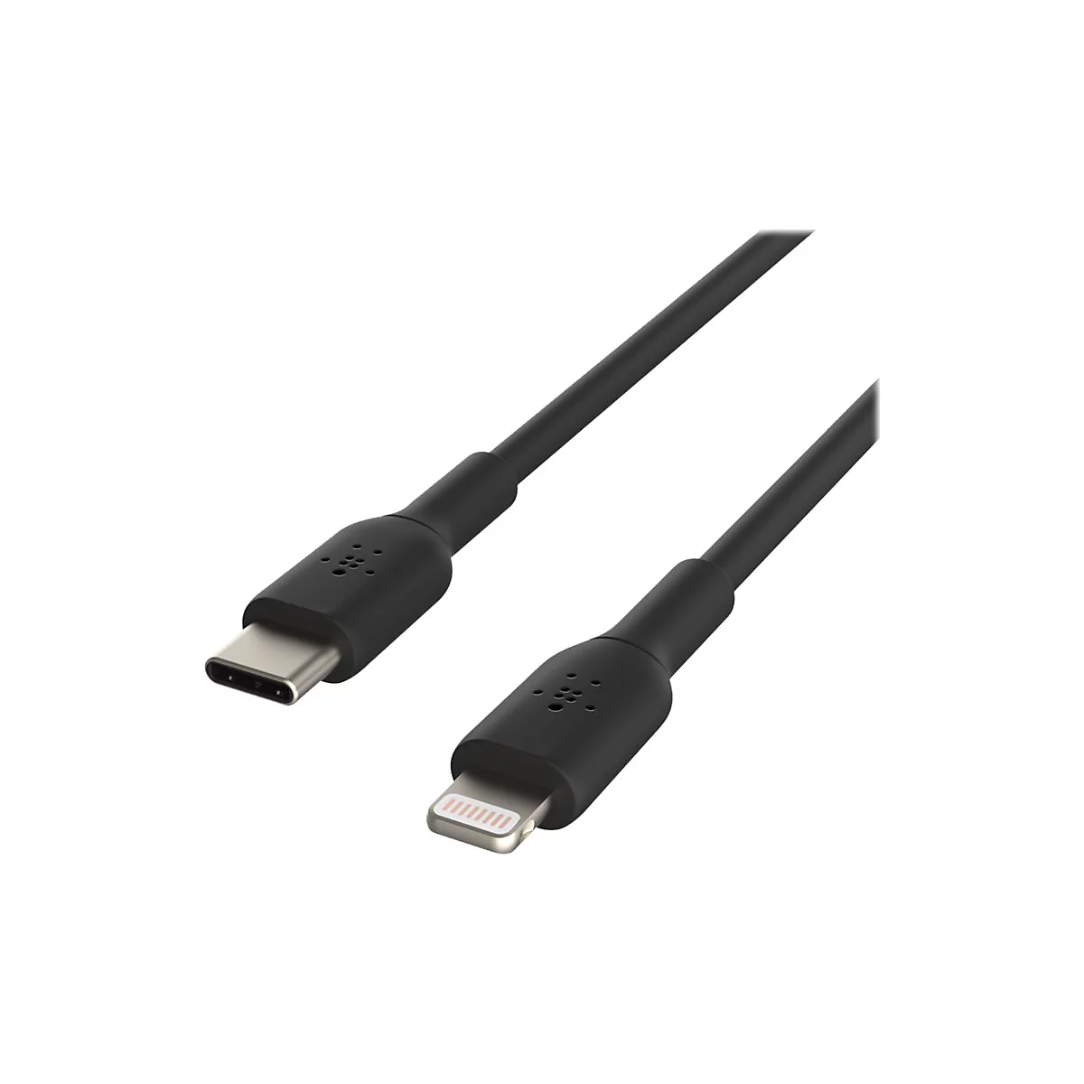 Schwarzes Ladekabel mit USB-C- und Lightning-Anschlüssen.