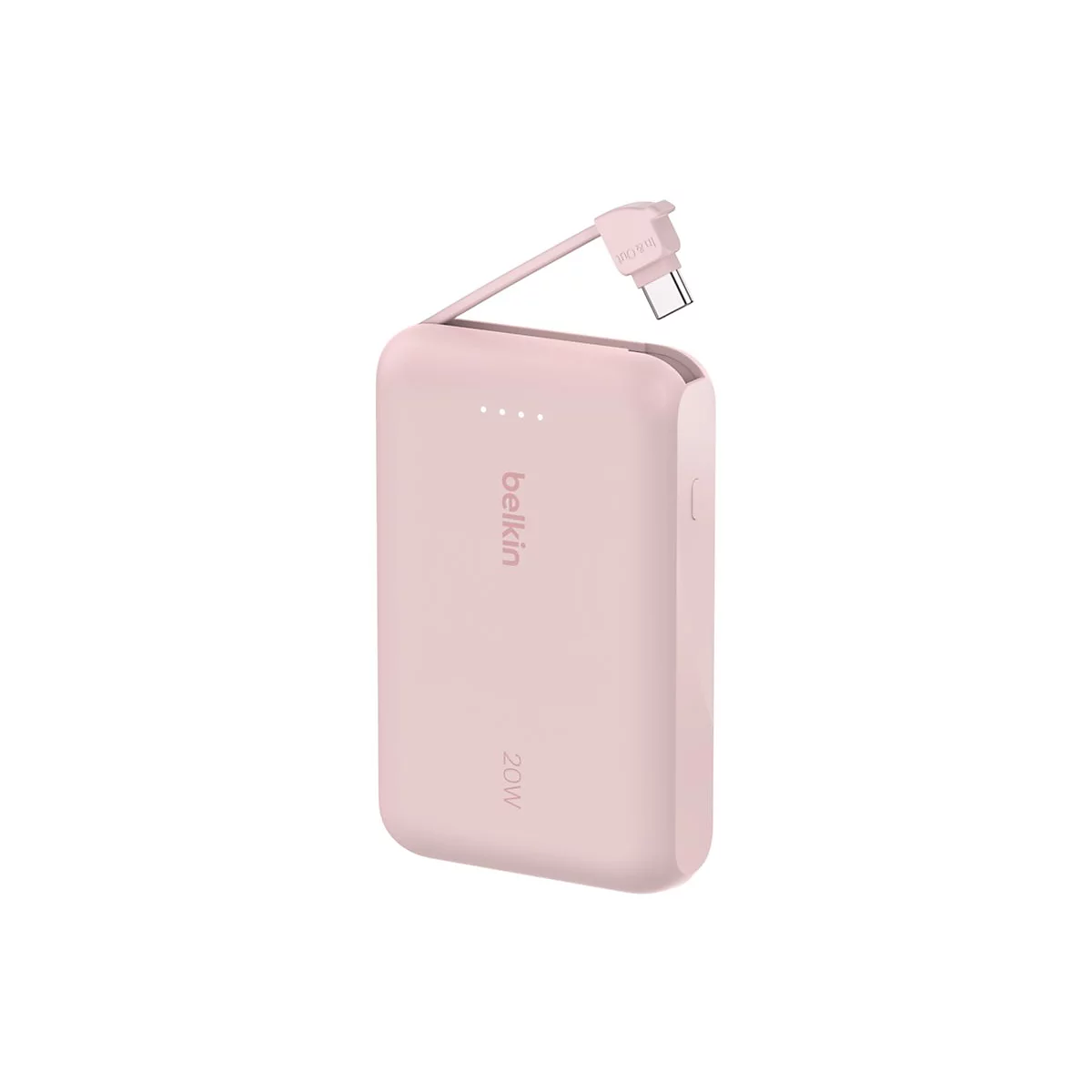 Batterie externe Belkin rose clair avec câble USB-C pliable. Inscription : 20W.